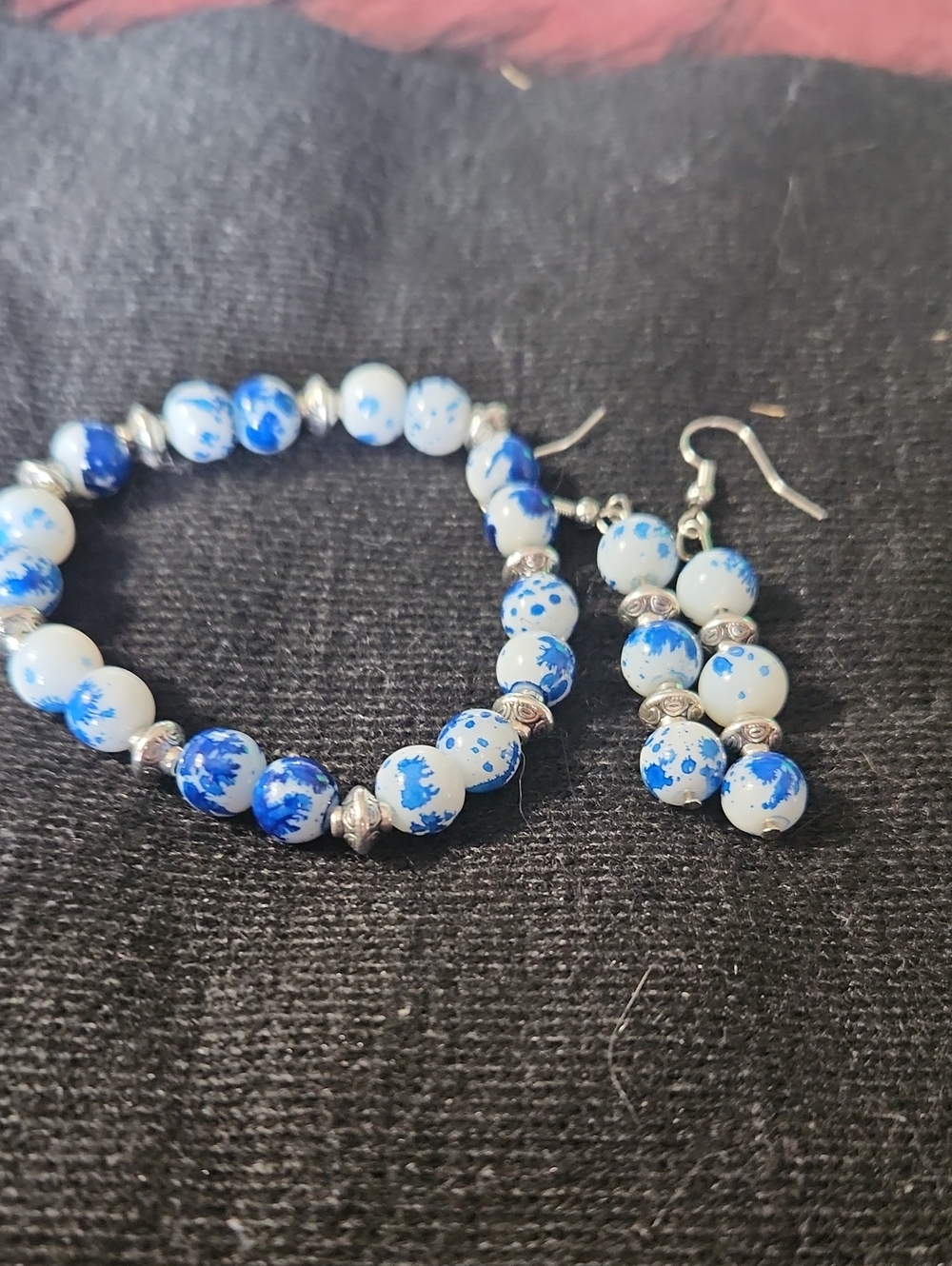 Hand Crafted Blue & White Speckled Bead Bracelet with Matching Earrings